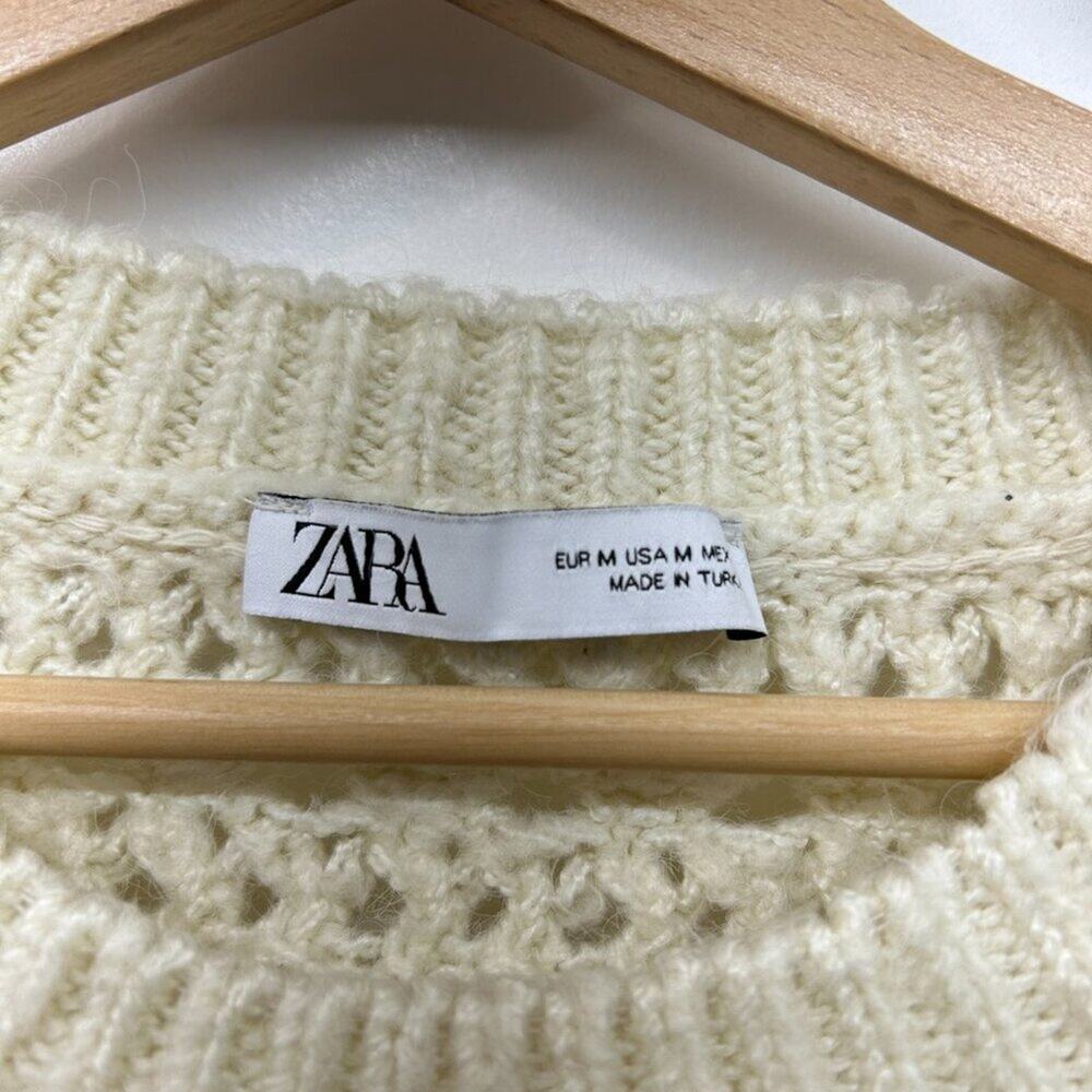 Zara Cream Neutral Boho Oversized Crochet Knit Half Sleeve Sweater Top Medium - Picture 7 of 7